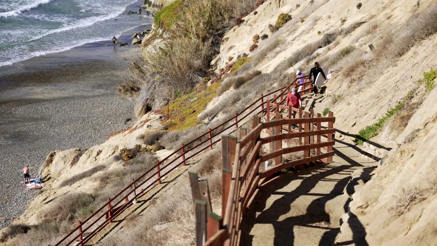Surfers walking pathway to Leucadia beach surfing spot on a sunny day in San Diego California with waves crashing on the rocky shore