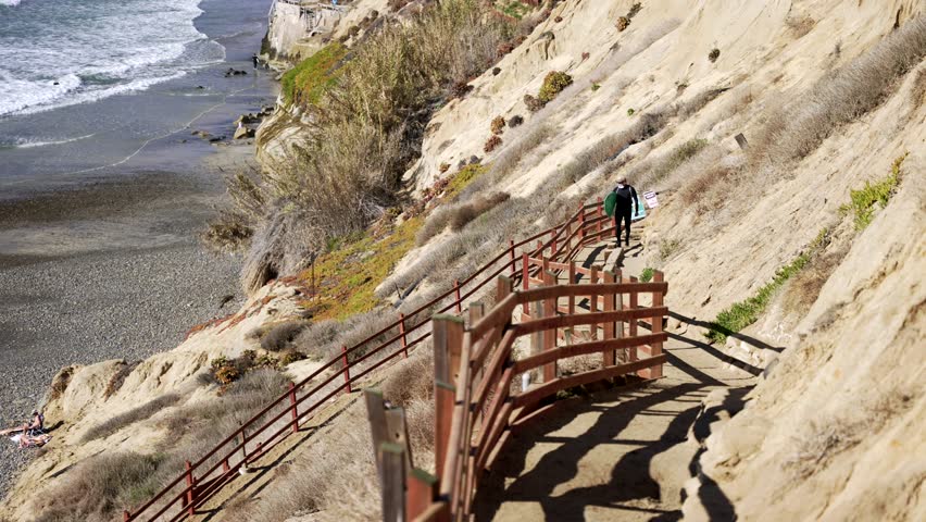 Surfers walking pathway to Leucadia beach surfing spot on a sunny day in San Diego California with waves crashing on the rocky shore