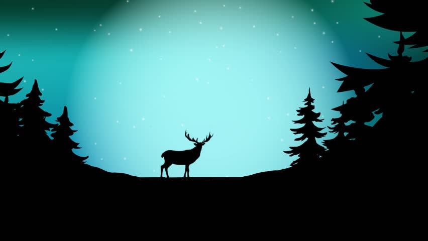 Parallax animation of a black silhouette of a deer moving at night with the moon and stars