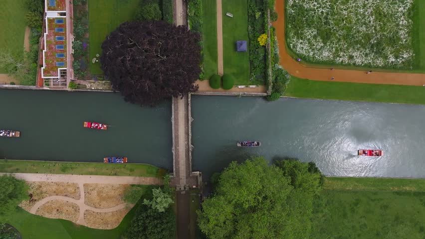 Aerial view of the old town of Cambridge with narrow canals and river boats near a Kings College Chapel in the center of Cambridge, Cambridgeshire, England. 