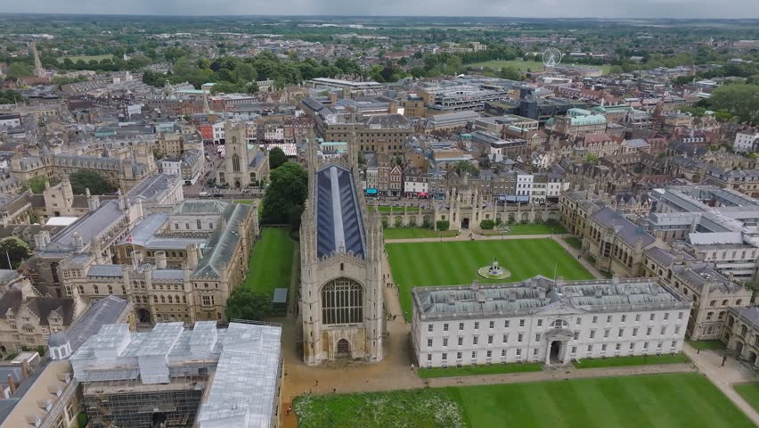 Aerial view of the old town of Cambridge. Beautiful Kings College Chapel in the center of Cambridge, Cambridgeshire, England. 