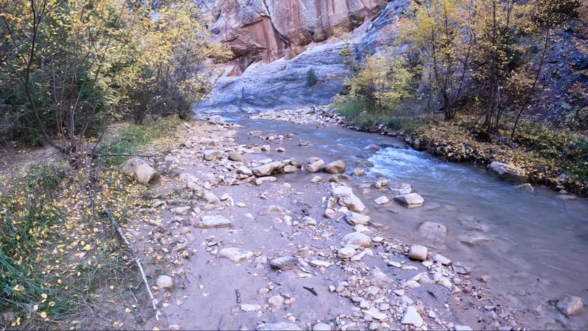 Fall Colors and Flowing River in the Upper Narrows of Zion, Top-Down Trail, Zion National Park, Utah