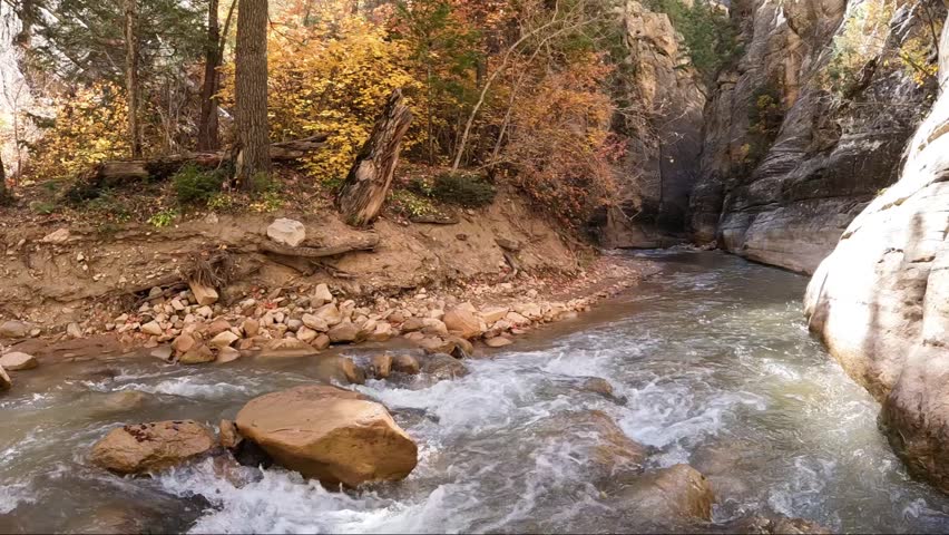 Hiking through a High Flow section of the Upper Narrows in Zion, Top-Down Trail, Zion National Park, Utah