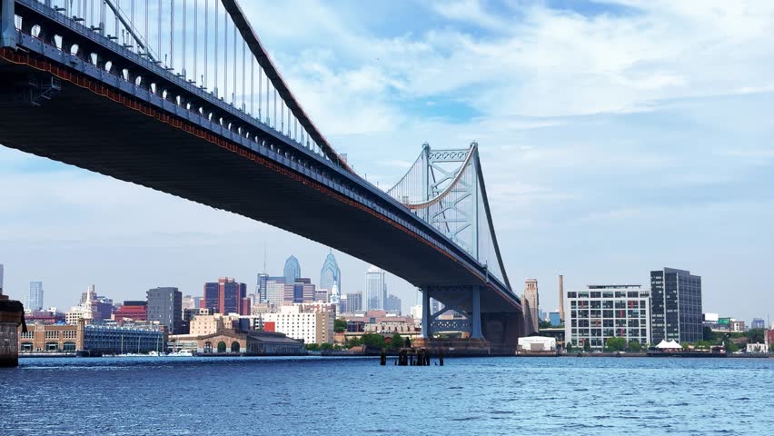 Under the Ben Franklin Bridge on a sunny cloudy day, Philadelphia, Camden