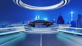 3D rendering sleek electric car on rotating platform with vibrant city skyline in background - Powered by Shutterstock - Get 15% off with code: PIKWIZARD15