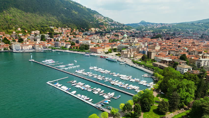 Aerial, drone view of a harbor on Lake Como in Como, Italy