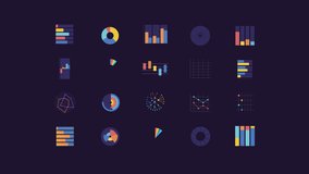 Statistical graphs animations. Data organization plots animated elements. Bar charts, pie diagrams. Isolated color illustrations on dark background. Transition alpha. HD video. Icon pack - Powered by Shutterstock - Get 15% off with code: PIKWIZARD15