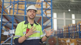 Professional warehouse worker man stand in front of shelves of pruduct and explain about service area in workplace. - Powered by Shutterstock - Get 15% off with code: PIKWIZARD15