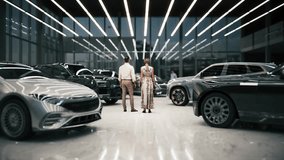 Couple buying new car in car dealership. Premium class car showroom. Husband and wife buy an expensive car. 3d visualization - Powered by Shutterstock - Get 15% off with code: PIKWIZARD15