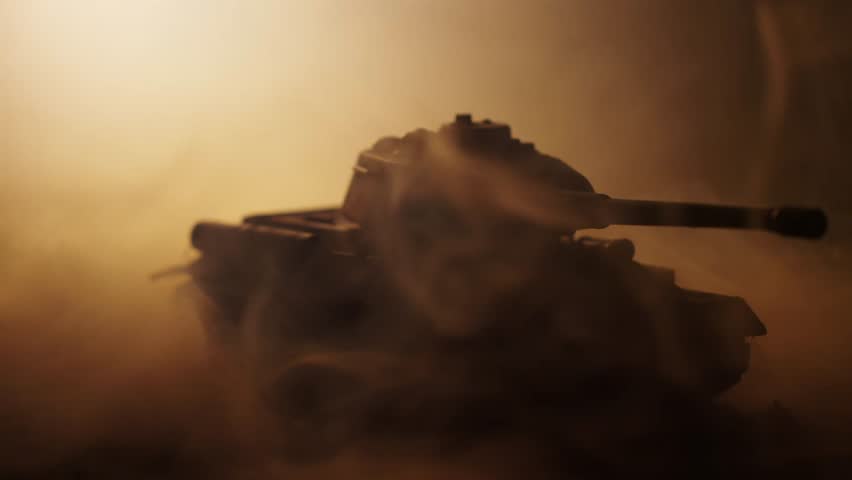 Silhouette of a T-34-85 tank in thick fog