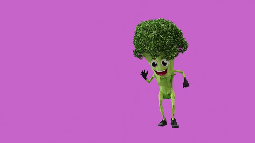 3D animation of a cute broccoli character dancing on a solid background. Perfect for advertising, social media, educational content, and various digital media projects.