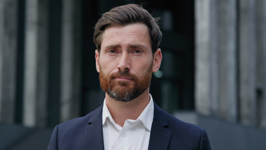 Portrait Caucasian dissatisfied businessman shaking waving head no in city outdoors business man male entrepreneur frustrated customer refuse offer negative answer bad idea disapproval negation denial