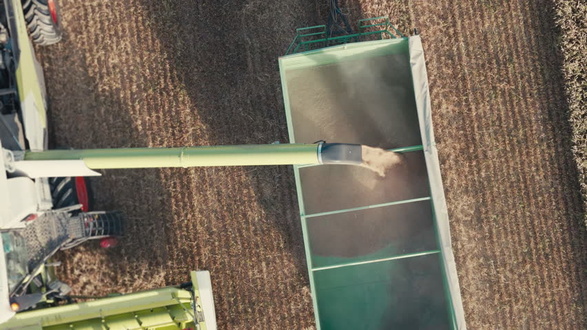 A combine harvester unloads its hopper into a tractor trailer close up drone shot. World food crisis