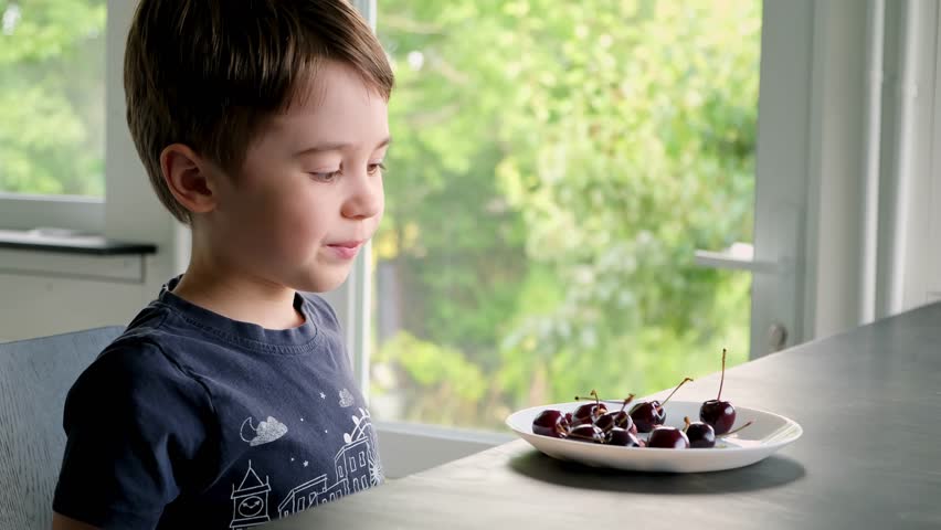 6 year cute little preschool boy eating large ripe cherries. Happy child holding in hand fresh cherry. Healthy organic berries on plate. Summertime season. In the kitchen at the table. Delicious food.