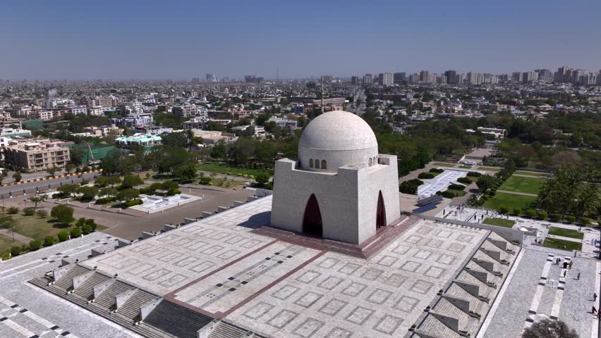 Aerial drone footage of Mazar-e-Quaid also known as tomb of Quaid-e-Azam, landmarks of Karachi Pakistan, sightseeing