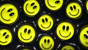 3D animation of yellow smiley faces inflating and floating on a dark, glossy surface. 3D Illustration - Powered by Shutterstock - Get 15% off with code: PIKWIZARD15