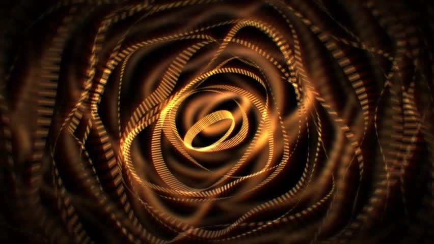 Looped background with transparent golden ribbons in a shape of abstract circles floating in zero gravity. Glowing yellow stripes smoothly morphing with soft shine effect. Seamless vj loop , 4k 60fps