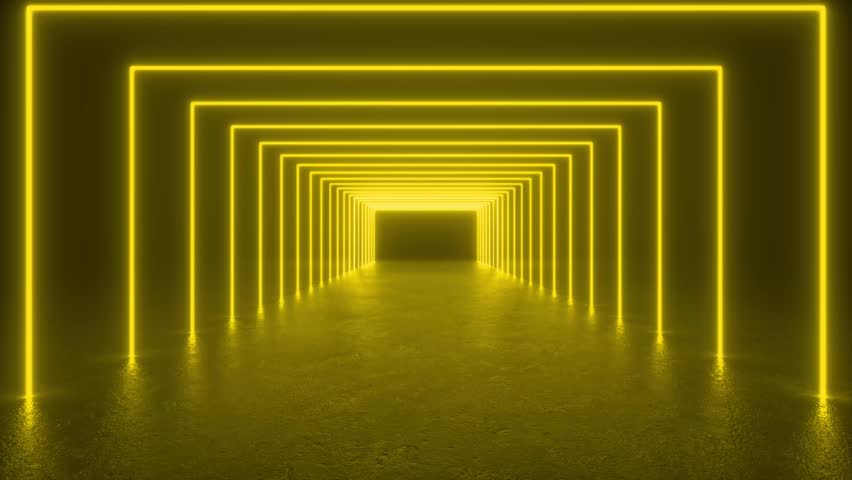 Explore a tunnel filled with yellow neon lights glowing in a dark room, creating a futuristic and mesmerizing atmosphere. 4K 3D Animation Loop Futuristic Sci Fi Lines