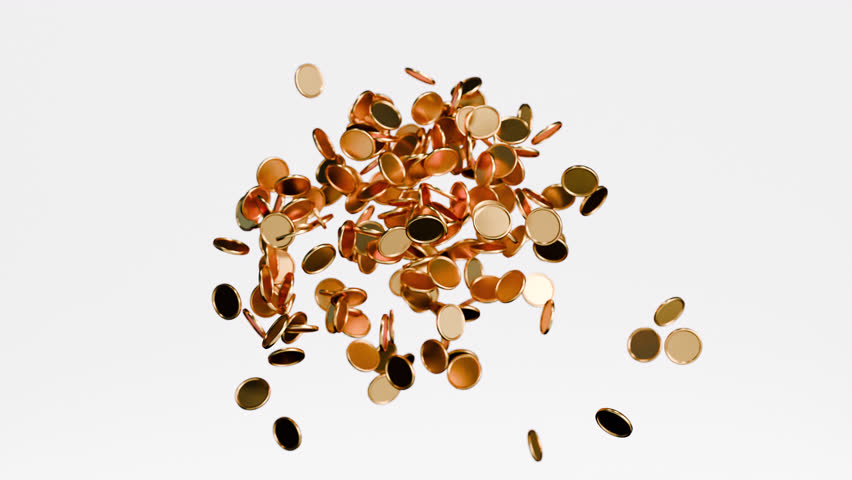 Golden coins explosion. Realistic design, 3d render animation, slow motion. Money rain, cash, Casino jackpot or win concept. Success, luck, fortune. animated stock footage on white background