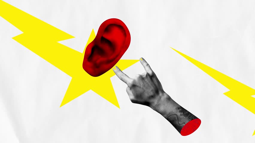 Poster for concert or festival, highlighting experience of live sound Rock band's tour, invoking the classic rock on vibe. Male hand showing rock and rock symbol. Stop motion, animation.