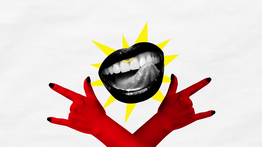 Passion of dynamic music. Creative colorful design with female mouth and hands showing rock and roll symbol over light background with yellow element. Stop motion, animation.