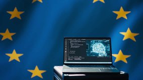 AI software on laptop used by European Union member states security services to prevent terrorism. Artificial intelligence tech used by Europe countries to defend, isolated over EU flag, camera B - Powered by Shutterstock - Get 15% off with code: PIKWIZARD15