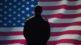 American soldier doing saluting hand gesture towards USA flag in command center, showing respect. Military unit in uniform serving in United States Armed Forces, doing patriotic gesturing, camera B - Powered by Shutterstock - Get 15% off with code: PIKWIZARD15