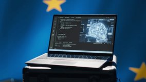 AI software on laptop used by European Union member states security services to prevent terrorism. Artificial intelligence tech used by Europe countries to defend, isolated over EU flag, camera A - Powered by Shutterstock - Get 15% off with code: PIKWIZARD15