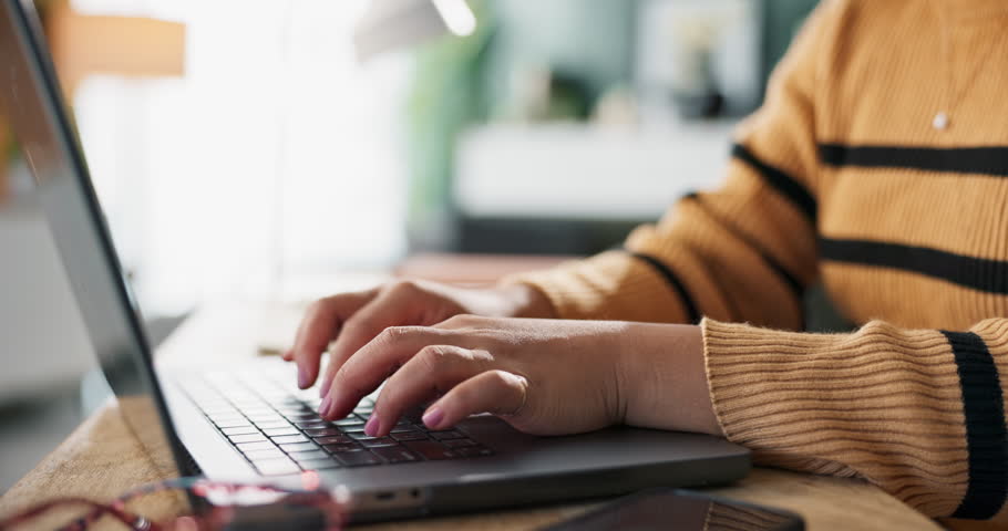 Remote work, woman and hands of copywriter in closeup with laptop for email, communication and research in home office. Female person, fingers and freelancer with computer for feedback on proposal