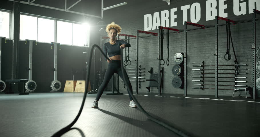 Woman, battle rope and wellness in gym, cardio exercise and muscle building for fitness. Intense routine, moving and body fitness with power or strength training, weight equipment and bicep challenge