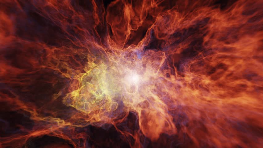 Flying at warp speed through turbulent red nebula plasma fire storm in space with bright distant star illuminating the clouds.