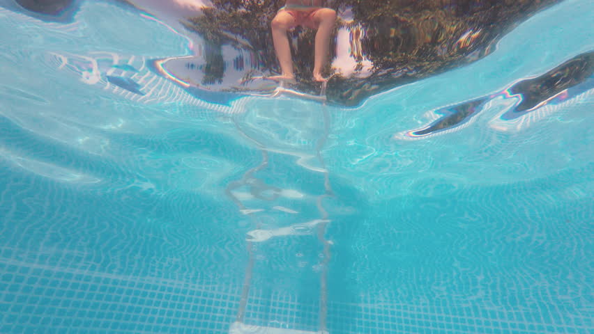 Happy Little Boy Jumping Pool Blue Clear Water. Summer Swim, Underwater Leisure