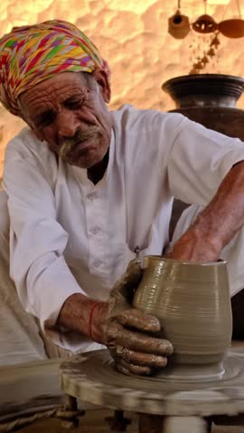 Indian potter at work: throwing the potter's wheel and shaping ceramic vessel and clay ware: pot, jar in pottery workshop. Experienced master. Handwork craft from Shilpagram, Udaipur, Rajasthan, India