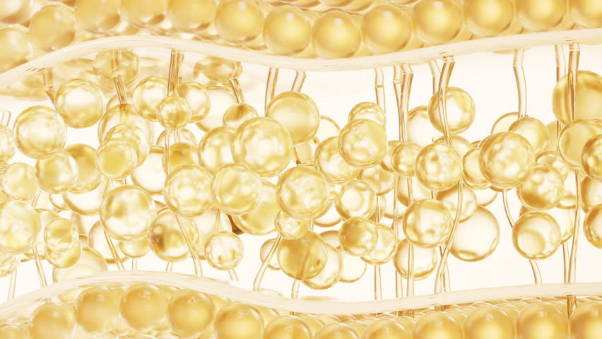 Skin cell with golden liquid oil bubble, 3d rendering. Motion graphic.
