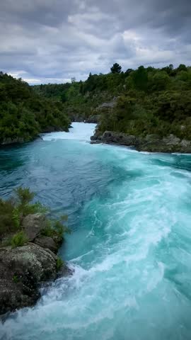 Aratiatia rapids, scenic site with a dam and roaring waters on the Waikato river, Taupo, New Zealand 