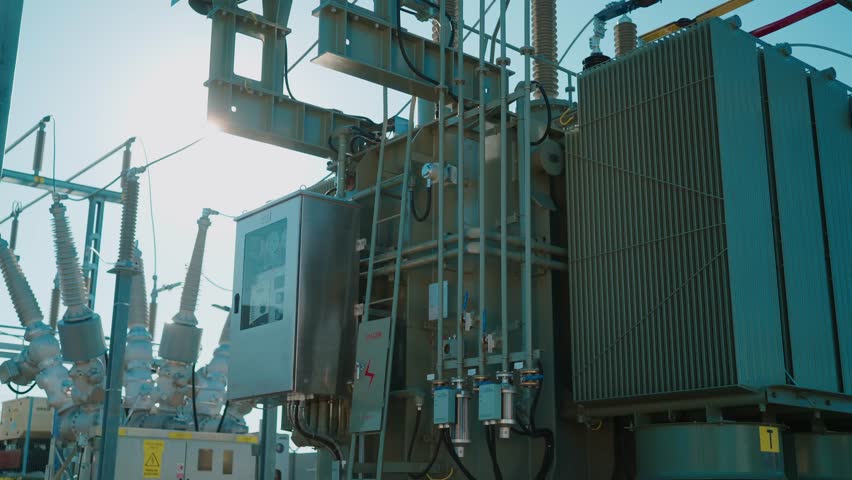 Electric power substation in bright sunlight with various transformers and cables