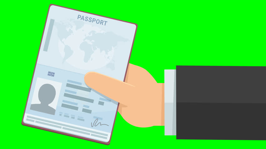 A hand presents an open passport from the right on green screen, transparent background with alpha channel (flat design)