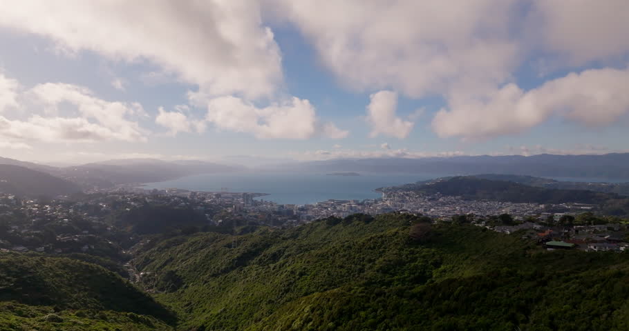 Aerial shot of the Wellington City Harbour in New Zealand. 4k drone shot