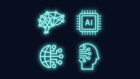 Ai technology neon animation set. Neural implants animated icons glow effect. Moving signals, scaling circles. Dynamic overlays on dark background. HD video with alpha channel. Motion graphic - Powered by Shutterstock - Get 15% off with code: PIKWIZARD15