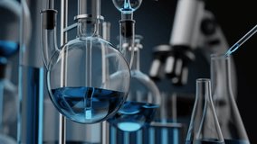 Various glass chemical laboratory equipment with black-blue shades in a chemistry lab, 3d Animation. - Powered by Shutterstock - Get 15% off with code: PIKWIZARD15
