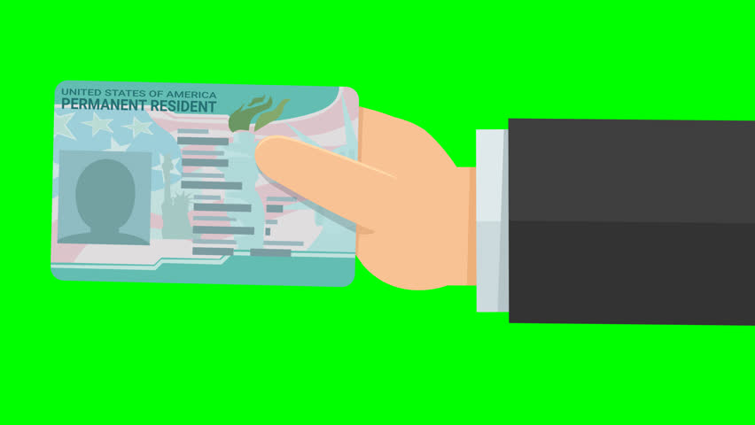 Animation of a hand with green card, permanent resident card in the United States from the right on green screen, with alpha channel (flat design)