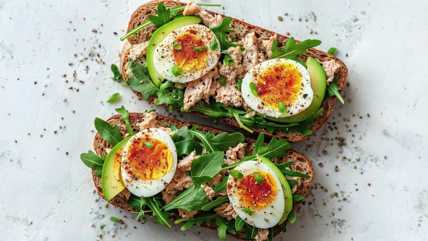 Open sandwiches with whole grain bread, canned tuna, boiled egg, avocado, and arugula, designed for a healthy and nutritious meal.