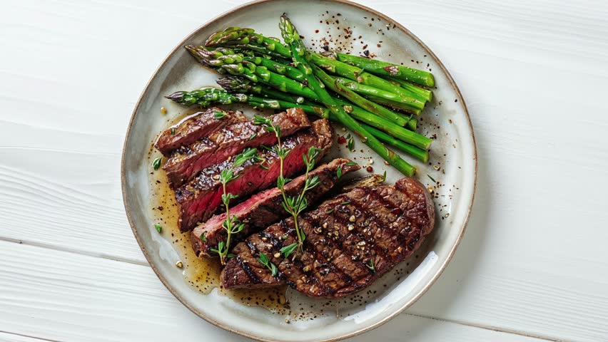 Top view of a delicious grilled sliced beef steak served with green asparagus on a white plate. Perfect for fine dining and gourmet cuisine.