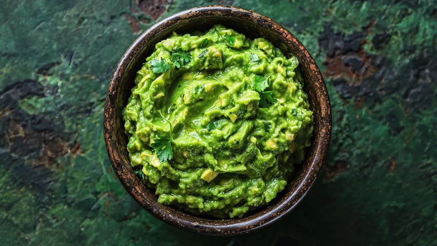 Top view of a ceramic bowl filled with fresh guacamole placed on a green textured background. Perfect for food-themed projects.