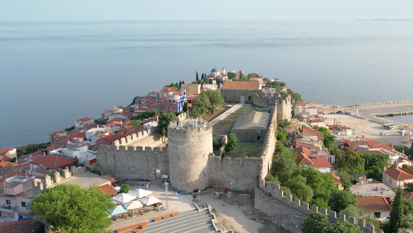 Kavala Greece Old Town Center and Fortress, Aerial Point of Interest Shot of Panagia City