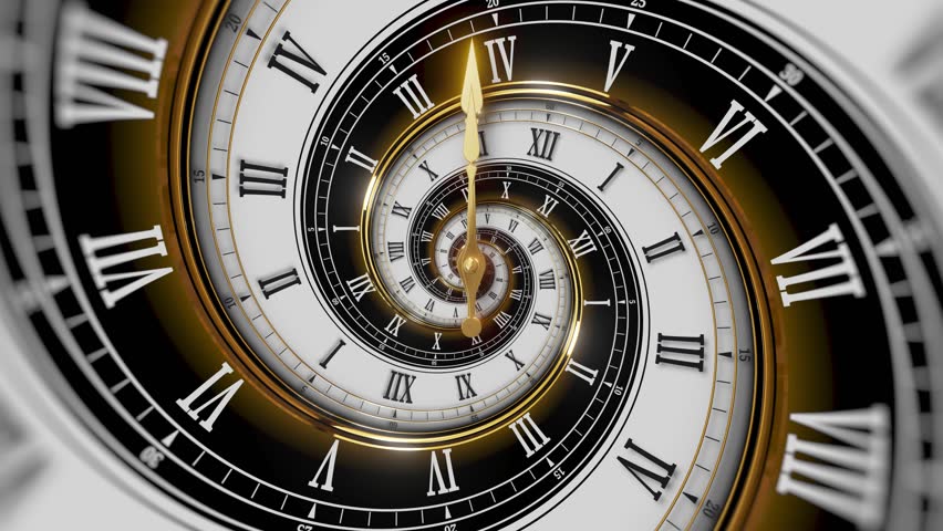 Abstract modern black and white spiral clock dial with roman numerals. Concept of Infinite time, deadline, scheduling, time and space, past, present and future.