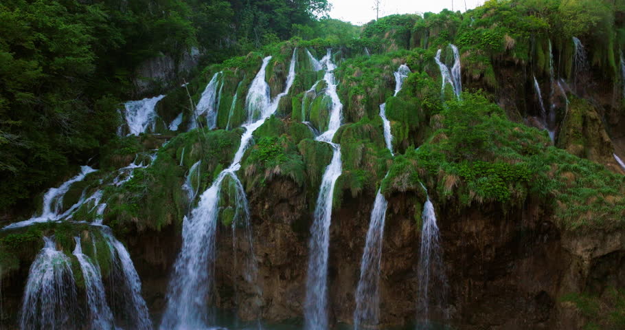 Stunning Waterfalls Of Plitvice Lakes National Park In Croatia. Aerial Drone Shot