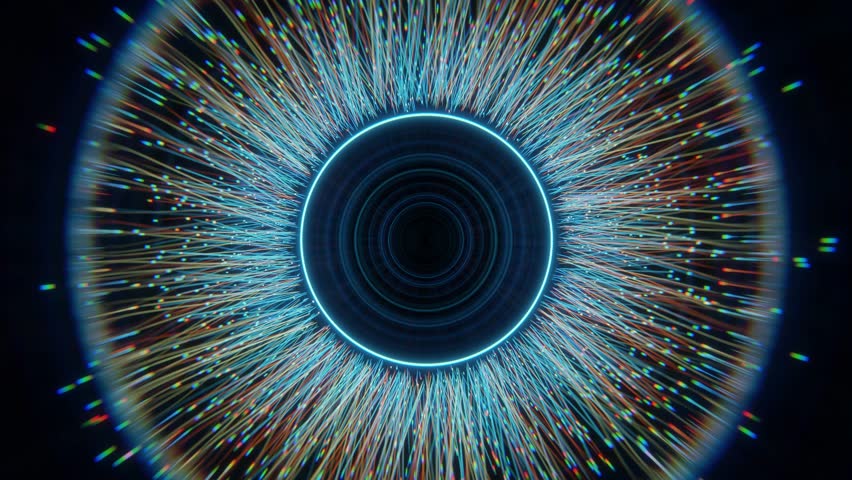 3D rendering digital eye with vibrant light streaks symbolizing data flow and technology. Ideal for tech and futuristic themes