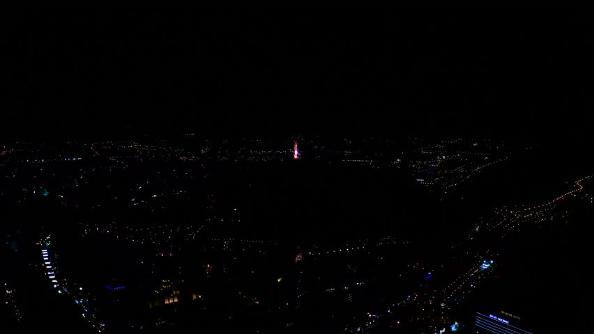 Nocturne aerial view of the fireworks launched in the beach of El Postiguet, in the Mediterranean city of Alicante, Spain.
