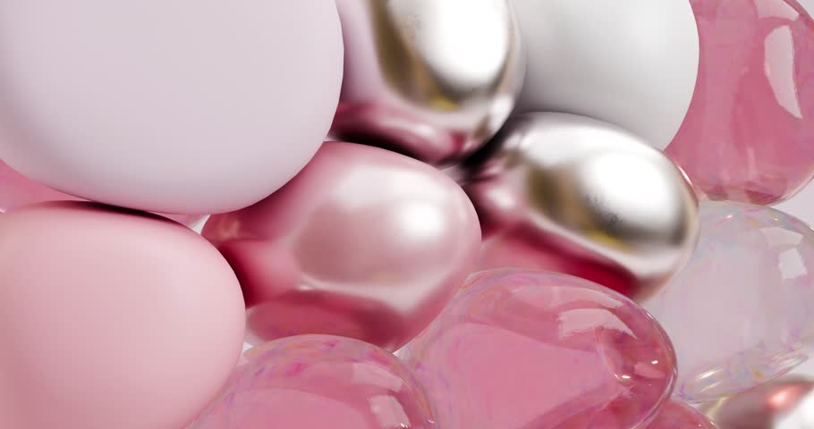 3D animation of pink and silver spheres fill the screen, representing the concepts of hydration, saturation, restoration, barrier protection, skin nourishment, and normalization of pH levels